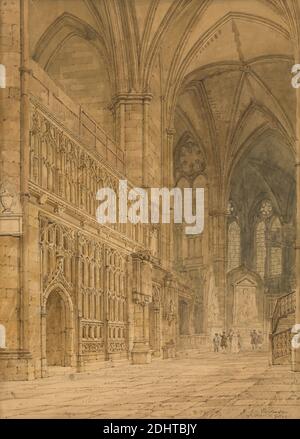 Ambulatory, Westminster Abbey, Frederick Nash, 1782–1856, britisch, undatiert, Aquarell und Graphit mit Feder und brauner Tinte auf Medium, leicht strukturiert, cremefarbenes Wove-Papier auf mäßig dickem, leicht strukturiertem, cremefarbenem Wove-Papier, Blatt: 9 1/8 × 12 5/8 Zoll (23.2 × 32.1 cm), Abtei, ambulant, Bögen, architektonisches Thema, blinde Bögen, Kapelle, Kirche, gotische architektonische Dekoration, gotische Kirchen, gotische Innendekoration, Innenraum (Raum), Pfosten, Nischen, Menschen, Säulen, Rippengewölbe, Rosettenfenster, Gräber, gewölbte Decken, City of Westminster, England, Europa, Greater London Stockfoto