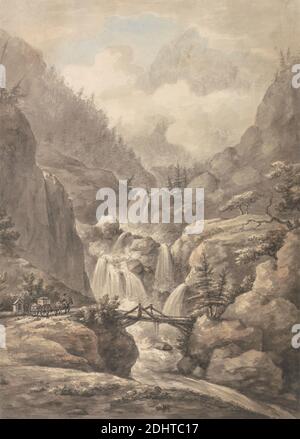 A Chaisse Passing through the Alps, William Marlow, 1740–1813, britisch, undatiert, Aquarell, Feder und schwarze Tinte, weiße Kreide und Graphit auf Medium, leicht strukturiert, cremefarbenes Papier, Blatt: 18 3/4 x 13 1/2in. (47.6 x 34,3 cm), Alpen, Schweiz Stockfoto