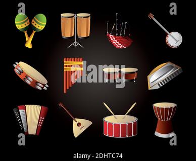 Set von verschiedenen Musikinstrumenten wie Akkordeon Maracas Trommeln Banjo Vektorgrafik detailliert Stock Vektor