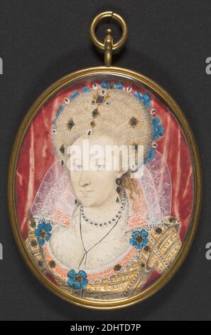 Anne von Dänemark, Atelier von Nicholas Hilliard, ca. 1547–1619, britisch, nach 1574, Gouache auf Pergament auf Karte gelegt, Blatt: 2 3/8 x 1 7/8 Zoll (6 x 4.8 cm), Halterung: 2 3/8 x 1 7/8 Zoll (6 x 4.8 cm) und Rahmen: 3 x 2 Zoll (7.6 x 5.1 cm), Porträt, Königin (Person Stockfoto