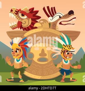 azteken Krieger Charaktere Totem und Schlangen Zivilisation alten Vektor Illustration Stock Vektor