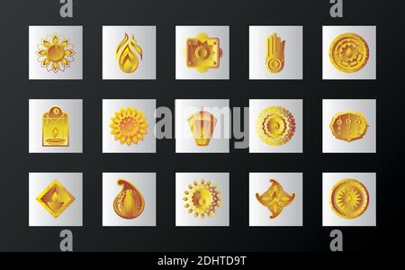 Happy diwali Festival, Gold Lampen Mandala Ornament Blöcke Ikonen setzen Vektor Illustration Stock Vektor