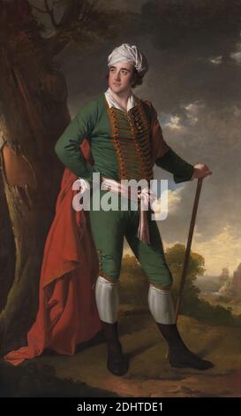 Portrait of a man, bekannt als 'Indian Captain', Joseph Wright of Derby, 1734–1797, britisch, aktiv in Italien (1773–75), ca. 1767, Öl auf Leinwand, Stütze (PTG): 90 1/4 x 54 1/2 Zoll (229.2 x 138.4 cm), Stiefel, Hosen, Wolken, vergoldet, Mann, Porträt, Schals, Stab (Gehstock), Strümpfe, Turban Stockfoto
