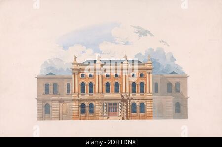 Design for the Mechanics' Institution, Basingstoke: Elevation, Thomas Henry Wyatt, 1807–1880, britisch, undatiert, Graphit, Aquarell, Feder und schwarze Tinte auf leicht strukturiertem, mittelschwerem, cremefarbenem Papier, Blatt: 11 3/16 × 17 7/8 cm (45.4 × 28.4 inches), architektonisches Motiv Stockfoto