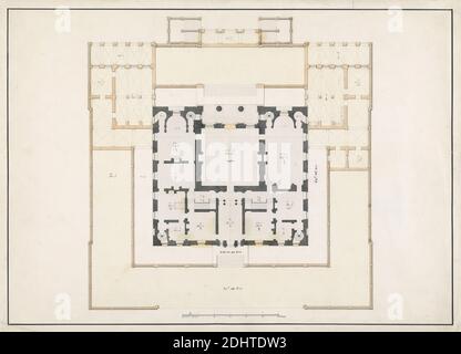 Nicht identifiziertes Landhaus: Grundriss, zugeschrieben John Sanderson, aktiv 1730–gestorben 1774, britisch, undatiert, Feder und schwarze Tinte mit grau und braun waschen auf mäßig dicken, leicht strukturierten, weiß gelegten Papier, Blatt: 14 1/4 × 19 3/4 Zoll (36.2 × 50.2 cm), architektonisches Motiv, Landhaus, Grundrisse, Pläne (Zeichnungen Stockfoto