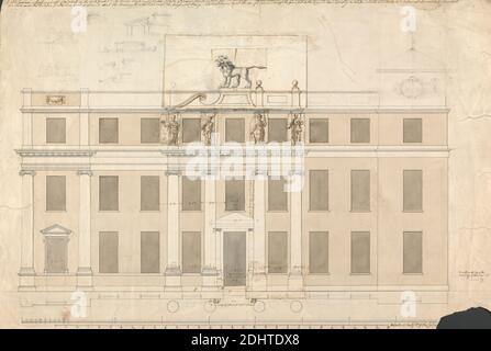 Langley Park, Norfolk: Elevation of the South Front, John Sanderson, aktiv 1730–gestorben 1774, britisch, ca. 1750, Stift und schwarze, braune und graue Tinte mit grauer und brauner Farbe über Graphit auf Medium, mäßig strukturiert, beige gelegte Papierstabskala von 3/16 Zoll bis 1 Fuß, Blatt: 14 11/16 × 21 7/8 Zoll (37.3 × 55.6 cm), architektonisches Motiv, Säulen (architektonische Elemente), Erhebungen (Zeichnungen), ionische Ordnung, Löwen, Palladio, Pläne (Zeichnungen), Statuen, Türmchen (Türme), Fenster Stockfoto