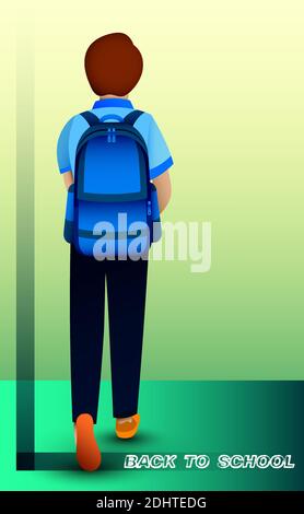 Junge Student mit Rucksack geht zur Schule. Zurück zur Schule. Am 1. September beginnt das neue Schuljahr. Vektor in realistischem Stil Stock Vektor