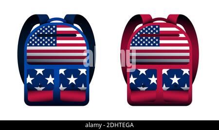 Set von hellen Schulrucksäcken mit amerikanischen Flagge Elemente. Vordergrund. 1. September, Beginn des Schuljahres. Vector Schüler Zubehör auf einem Whit Stock Vektor