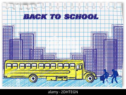 Zeichnen auf einem Notizblatt in Tinte. Zurück zur Schule. Kinder fahren in den gelben Bus. Am 1. September beginnt das Schuljahr. Leben in einer Metropole. Stock Vektor