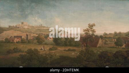 Landschaft, mit Dover Castle in the Distance, Arthur Nelson, aktiv 1765–1773, britisch, ca. 1767, Öl auf Platte, Unterstützung (PTG): 22 1/2 x 43 Zoll (57.2 x 109.2 cm), Tiere, Korb, Burg, Stadt, Stadtbild, Entfernung, Festung, Beweidung, Landschaft, Wäscherei, Dienstmädchen, Mann, Weide, Schafe, Schäfer, Himmel, Kirchturm, Stein, Stadt, Bäume, Wand, Frauen, Dover, Dover Castle, Dover, Strait of, England, English Channel, Kent, Vereinigtes Königreich Stockfoto
