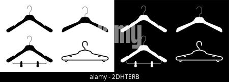 Icons, Set von Kleiderbügeln, Schultern für Kleidung. Stauraum im Kleiderschrank. Sanfte Pflege der Dinge. Schwarz-Weiß-Vektor Stock Vektor