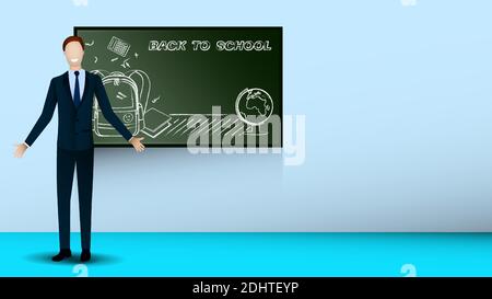 Mann, Lehrer im dunklen klassischen Anzug steht lächelnd, Arme ausgestreckt für freundliche Begrüßung mit Schülern. Freude an neuen Treffen. Offene Geste des Freundins Stock Vektor