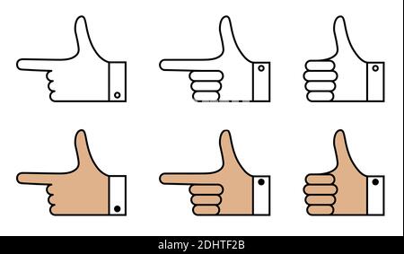 Handgesten mit gebeugten und zeigenden Fingern. Symbole im linearen Stil. Gestikulation. Vektor auf weißem Hintergrund Stock Vektor