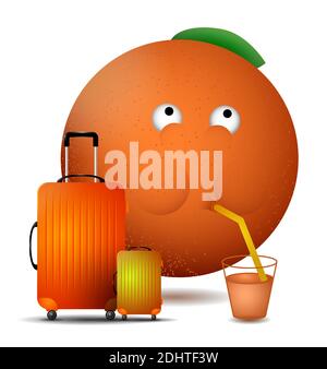 Gegerbte Orange wartet am Flughafen auf ein Flugzeug und trinkt Orangensaft durch einen Strohhalm aus Glas. Sommerurlaub am Meer. Vektor im Cartoon-Stil Stock Vektor