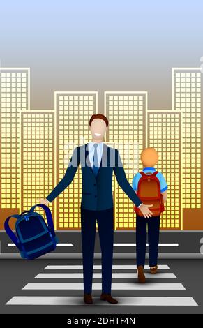 Schüler in dunkelblauen klassischen Anzug steht lächelnd, Arme ausgestreckt für freundlichen Gruß. Vorbereitung auf die Schule zu gehen. Freude an einem neuen Treffen. Gestu öffnen Stock Vektor