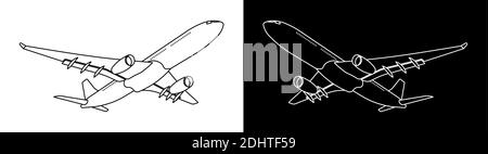Flugzeug, Flugzeug im linearen Stil. Reisen und internationale Flüge. Tourismus. Schwarz-Weiß-Vektor Stock Vektor