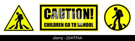 Set von gelben schwarzen Gefahrenschildern, Achtung. Kinder überqueren die Straße an der Fußgängerüberführung zur Schule. Verkehrssicherheit. Vektor auf weißem Hintergrund Stock Vektor