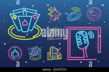 Neon Zeichen Icons Sammlung von Casino Glücksspiel und Musik auf Gradient Hintergrundvektordarstellung Stock Vektor