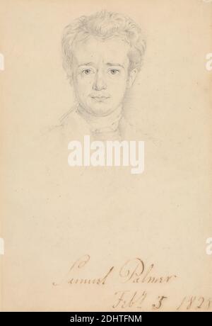 Portrait of Samuel Palmer, February 5, 1828, George Richmond, 1809–1896, British, 1828, Graphit mit Stift und schwarzer Tinte auf Medium, leicht strukturiert, cremefarbenes Wove-Papier 1828, auf Wove-Papier, Blatt: 8 1/8 x 5 7/8 inches (20.6 x 14.9 cm), Köpfe, Mann, Portrait Stockfoto