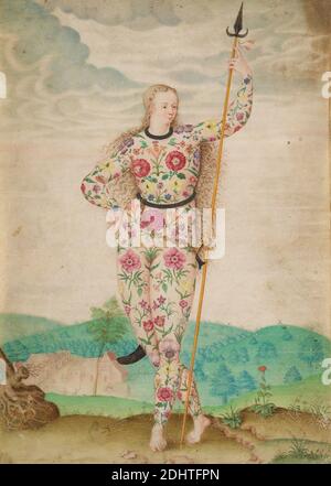 Eine junge Tochter der Picts, Jacques Le Moyne de Morgues, ca. 1533–vor 1588, französisch, ab ca. 1580 in England tätig, ehemals John White zugeschrieben, tätig 1585–1593, britisch, ca. 1585, Aquarell und Gouache, mit Gold auf Pergament berührt, Blatt: 10 1/4 × 7 3/8 Zoll (26 × 18.7 cm) und Rahmen: 20 3/8 × 15 3/8 × 1 Zoll (51.8 × 39.1 × 2.5 cm), Botanik, Ethnologie, Figurenstudie, Blumen (Pflanzen), Haare, Lanze, Miniaturmalerei, religiöses und mythologisches Thema, Wurzel, Wissenschaft, Siedlung, Speer, Schwert, Tattoos, Frauen Stockfoto