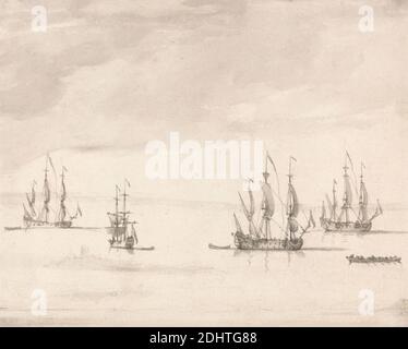 Men of war Off Sheerness, Peter Monamy, 1681–1749, britisch, undatiert, graue Waschung mit Feder und schwarzer Tinte auf Medium, leicht strukturiert, cremefarbenes Papier, Blatt: 6 1/8 × 7 1/2 Zoll (15.6 × 19.1 cm), Boote, Langboote, Masten, Kriegsmänner, Ozean, Wimpel, Meer, Schiffe, Schiffe der Linie, Kriegsschiffe, Wasser, England, Europa, Kent, Nordsee, Sheerness, Sheppey, Thames Estuary, Vereinigtes Königreich Stockfoto