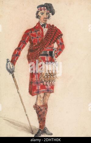 Schotte mit Schwert; modernes Kleid eines Highland Chieftan, George Walker, aktiv 1792–gestorben 1795, britisch, undatiert, Aquarell und Graphit auf mittlerem, glattem, cremefarbenem Wove-Papier, Blatt: 4 3/8 × 2 15/16 Zoll (11.1 × 7.5 cm), Gürtel (Kostümzubehör), Bogen (Kostümzubehör), Fliege, Kostüm, Figurenstudie, Highland-Kostüm, Jacke, Kilt, Schärpe (Quilt-Komponente), Schotte, Sporran, Strümpfe, Schwert, Tartan Stockfoto