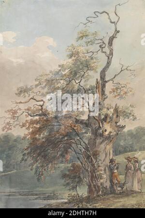 Landschaft mit einem Mann, der unter einem alten Baum eine Pfeife spielt, Stil von Paul Sandby RA, 1731–1809, britisch, undatiert, Aquarell, Gouache, Stift und schwarze Tinte, Graphit, schwarze Kreide auf Medium, leicht strukturiert, cremefarbenes Wove-Papier, Blatt: 14 3/4 x 10 3/8 Zoll (37.5 x 26.4 cm), Hund (Tier), Flöte, Landschaft, Mann, Musiker, alt, Fluss, Baum, Frauen Stockfoto