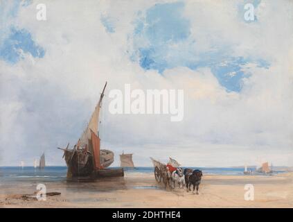 Beached Vessels and a Wagon near Trouville, Richard Parkes Bonington, 1802–1828, British, ca. 1825, Öl auf Leinwand, Unterstützung (PTG): 14 5/8 x 20 5/8 Zoll (37.1 x 52.4 cm), Strand, blau, gebrochen, Wolken, Wolken, Küste, Pferde (Tiere), Licht, Gepäckträger, Meer, Ruinen, Segel, Sand, Meer, Seeseite, Schiffe, Ufer (Landform), Himmel, Schiffe (Wasserfahrzeuge), Wagen, Basse-Normandie, Calvados, Frankreich, Trouville Stockfoto