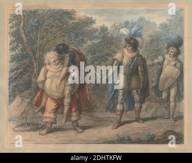 Falstaff Carrying Dead Hotspur, Henry William Bunbury, 1750–1811, britisch, undatiert, Aquarell, Feder und schwarze Tinte, graue Tinte, Gouache und Gummi arabisch auf Medium, leicht strukturiert, beigefarbenes Papier auf dickem, mäßig strukturiertem, beigefarbenem Papier montiert, Halterung: 16 3/8 x 20 1/4 Zoll (41.6 x 51.4 cm), Zeitgenössische gezeichnete Bordüre: 15 15/16 x 19 15/16 Zoll (40.5 x 50.7 cm), und Blatt: 13 7/8 x 17 13/16 Zoll (35.2 x 45.3 cm), Rüstung, Kampf, Stiefel, Hosen, Umhänge, Tragen, tot, Sterben, Hüte, Henry IV Teil I, Akt V, Szene IV, Henry IV, Teil I von William Shakespeare, literarisches Thema, Männer, fettleibig Stockfoto