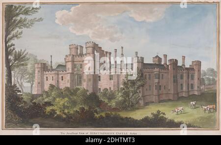 Herstmonceux Castle, East Sussex: South East View, James Lambert of Lewes, 1725–1788, britisch, undatiert, Graphit und Aquarell mit dreifach gerinntem und wash border auf mäßig dickem, mäßig strukturiertem, cremefarbenen Papier, Blatt: 18 5/8 x 25 1/4 Zoll (47.3 x 64.1 cm), Architekturmotiv, Schloss, Vieh, Landschaft, Bäume, Türme, East Sussex, England, Europa, Herstmonceux, Großbritannien Stockfoto