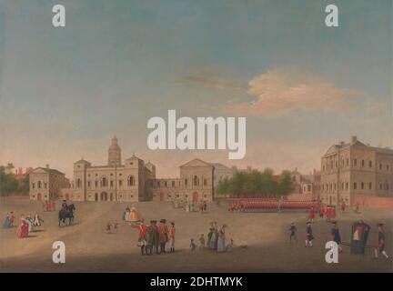 Ansicht von Horse Guards and Whitehall, unbekannter Künstler, 18. Jahrhundert, ehemals Thomas Malton dem Jüngeren zugeschrieben, 1748–1804, britisch, ca. 1750, Öl auf Leinwand, Unterstützung (PTG): 25 3/4 × 36 1/2 Zoll (65.4 × 92.7 cm), Architektur, architektonisches Thema, Armee, Bankettsaal, Haube, Stiefel, Jungen, Hosen, Gebäude, Stuhl, Kinder, Stadt, Kragen, Hund (Tier), Familie, Zaun, Flagge, Sammlung, Mädchen, Waffen, Pferd (Tier), Männer, militärische Kunst, Mütter, Fahrradtasche, Petticoat, Gewehre, Ring, Straße, Royalty, Soldaten, Strümpfe, Straße, Stadt, Tricorne, Uniform, Union Jack, Frauen, Bankett-Haus Stockfoto
