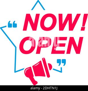 Jetzt Etiketten öffnen. Sprechblasen mit Megaphon-Symbol. Werbe- und Marketing-Aufkleber. Stock Vektor
