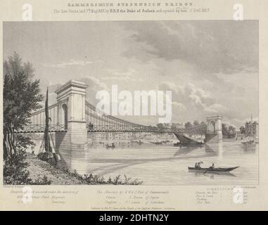 Hammersmith Suspension Bridge, The First Stone wurde am 7. Mai 1825 von H.R.H. dem Herzog von Sussex verlegt und von ihm am 1827. Oktober eröffnet, Charles J. Hullmandel, 1789–1850, britisch, nach Richard Redgrave, 1804–1888, britisch, 1827, Lithograph Stockfoto