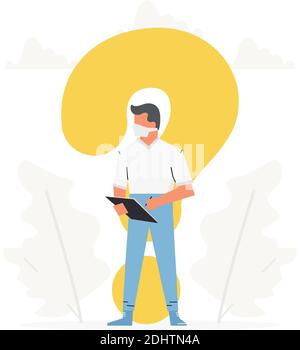 Der Arzt steht vor einem großen Fragezeichen. Fragen an den Arzt über Krankheit, Online-Beratung, faq. Stock Vektor