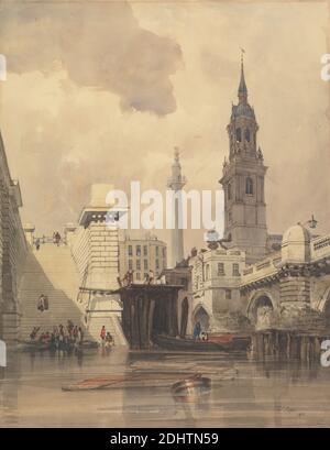 The Church of St. Magnus the Martyr, London Bridge, with the Monument in the Background, Thomas Shotter Boys, 1803–1874, British, 1832, Aquarell mit Stift in brauner Tinte über Graphit mit Gouache und arabischem Kaugummi auf mittlerem, leicht strukturiertem, cremefarbenem gewebtem Papier, Blatt: 13 11/16 x 10 5/8 Zoll (34.8 x 27 cm), Bögen, architektonisches Motiv, Fass (Container), Boote, Brücke (gebaut), Kirche, Stadtbild, Figuren, Genre Thema, Lampe (Beleuchtung), Denkmal, Fluss, Kirchturm, Stufen, Wandern, Kirche St. Magnus der Märtyrer, City of London, England, Groß-London, London, London Bridge, Monument Stockfoto