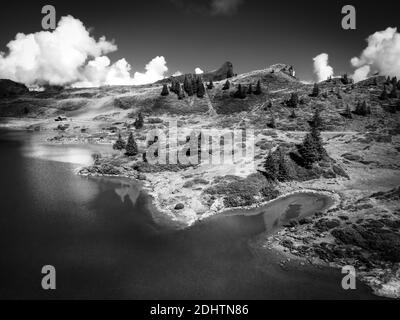 Typische Schweizer Landschaft am Tuebsee in der Schweiz in schwarz Und weiß Stockfoto