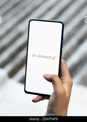 Assam, indien - 20. Dezember 2020 : Jet Airways Logo auf dem Bildschirm Stock Bild. Stockfoto