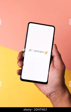 Assam, indien - 20. Dezember 2020 : Jet Airways Logo auf dem Bildschirm Stock Bild. Stockfoto