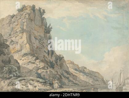 St. Vincent's Rock, Clifton, Bristol mit Hotwell's Spring House in the Distance, Francis Wheatley, 1747–1801, britisch, undatiert, Aquarell mit Stift und schwarzer Tinte auf mittlerem, glattem, cremefarbenem Papier, zeitgemäß gezeichneter Rand: 12 1/2 x 16 5/8 cm (42.2 x 31.8 Zoll) und Blatt: 10 3/4 x 14 7/8 Zoll (27.3 x 37.8 cm), Schürze, Boote, Motorhaube, Stiefel, Umhang, Kamine, Küste, Mantel, Kleid, Flagge, Laub, Genre Thema, Hut, Häuser, Mast, Männer, Ruder, Felsen (Landformen), Segel, Schuhe, Rauch, Hosen, Fenster, Frau, Bristol, Clifton, England, Vereinigtes Königreich Stockfoto