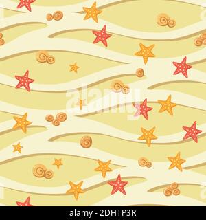 Seamless Muster Seesterne und Muscheln auf einem gelb-beigen Hintergrund. Stock Vektor