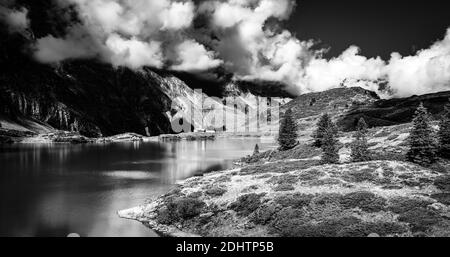 Typische Schweizer Landschaft am Tuebsee in der Schweiz in schwarz Und weiß Stockfoto