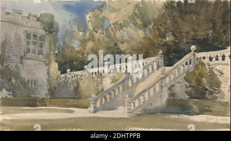 Garden Stair, Haddon Hall, William Callow, 1812–1908, britisch, aktiv in Frankreich, 1849, Aquarell über Graphit auf Creme, mäßig steinig, leicht strukturiert, Papier gewebt, auf Creme montiert, sehr dick, mäßig strukturiert, Karton, Einfassung hat unimitierten Zierrand, Einfassung: 7 1/4 × 11 Zoll (18.4 × 27.9 cm) und Blatt: 5 1/8 × 9 inches (13 × 22.9 cm), architektonisches Thema, Landhaus, Garten, Spätrenaissance, Treppen, Stein, Terrassen, Bäume, Fenster, Bakewell, Derbyshire, England, Europa, Haddon Hall, Großbritannien Stockfoto