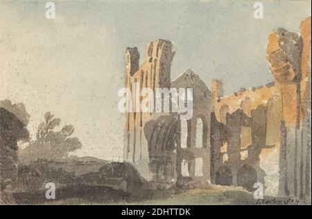 Kirkstall Abbey near Leeds, John Varley, 1778–1842, British, 1804, Aquarell auf mäßig dickem, rauem, beigekollektorischem Briefmarkenpapier, Blatt: 3 15/16 x 5 15/16 Zoll (10 x 15.1 cm), Abtei, architektonisches Motiv, Felsen (Landformen), Ruinen, Bäume, England, Kirkstall, Kirkstall Abbey, Leeds, Vereinigtes Königreich Stockfoto