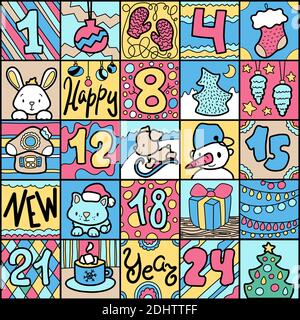 Niedlicher Doodle Adventskalender mit lustigen Tieren, quadratisches Format für 25 Tage. Handgezeichneter Adventskalender für Kinder. Quadratischer Kalender mit Neujahrsdekor. Ch Stock Vektor