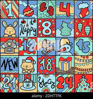 Niedlicher Doodle Adventskalender mit lustigen Tieren, quadratisches Format für 25 Tage. Lebendiger Adventskalender für Kinder. Quadratischer Kalender mit Neujahrsdekor. Chri Stock Vektor