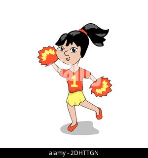 Cheerleader Mädchen Cartoon Vektor-Illustration auf weißem Hintergrund. Rot gelbe Sportbekleidung für Damen. Junge Mädchen Maskottchen isoliert. Cheerleader tanzt mit p Stock Vektor