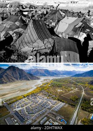 (201212) -- LHASA, 12. Dezember 2020 (Xinhua) -- der obere Teil dieses Combo-Fotos zeigt einen Teil der Stadt Lhasa vor der demokratischen Reform von 1959 und den unteren Teil, der von Purbu Zhaxi am 10. Oktober aufgenommen wurde. 2016 mit einer Drohne zeigt einen Blick auf das Sanyou Dorf im Quxu Bezirk in Lhasa, der Hauptstadt der Autonomen Region Tibet im Südwesten Chinas. Im Vergleich zu weniger als 3 Quadratmetern Wohnfläche pro Person im Jahr 1951 haben sich die Menschen, die jetzt in Tibet leben, deutlich verbessert. Bis Ende 2019, Stadtbewohner hier hatte 33.4 Quadratmeter Wohnfläche pro Person, und fa Stockfoto