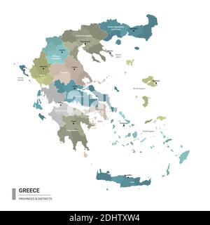 Griechenland Higt Detailkarte mit Unterteilungen. Verwaltungskarte von Griechenland mit Bezirken und Stadtnamen, farbig nach Staaten und Verwaltungsbezirk Stock Vektor