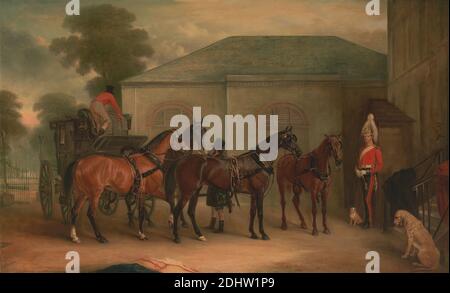 The Drag of Sir Watkin Williams Wynn, John Ferneley, 1782–1860, British, 1843, Öl auf Leinwand, Stütze (PTG): 44 1/8 × 72 1/4 Zoll (112.1 × 183.5 cm), Tierkunst, Kutsche, Kutsche (Kutsche), Kostüm, Hunde (Tiere), Zaun, Genresubjekt, Wachen (Sicherheit), Pferde (Tiere), Haus, Stufen Stockfoto