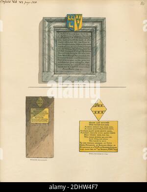 Memorial to Elizabeth Grene auch of Anne Grey from Enfield Church, zugeschrieben Daniel Lysons, 1762–1834, British, between 1796 and 1811, Pen and black ink, Watercolor and Gouache over Graphite on Medium, sligthly textured, Cream wove paper, architectural subject, Church, Memorial, Enfield, England, Greater London, London, St. Andrew's Church, Vereinigtes Königreich Stockfoto